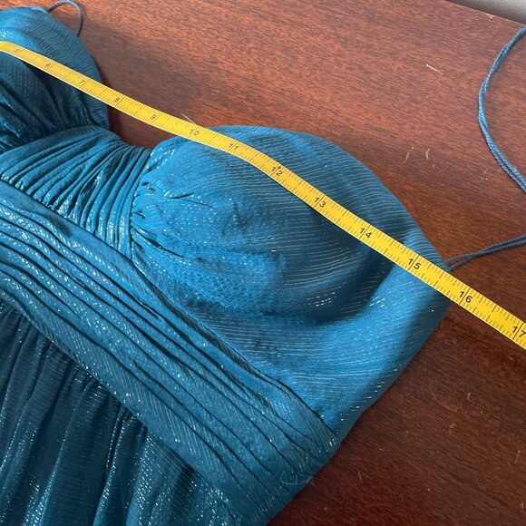 Vintage Aqua Silk Blend Fairycore Strapless Maxi Dress Floral Boho Goddess Sz 6 - Picture 10 of 16